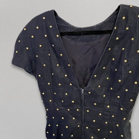 Carmen Marc Valvo Dress Metallic Star Embellished Deep V-Back Linen Navy Blue 8 - Picture 2 of 8